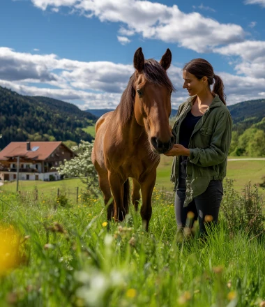 Zufriedenes Pferd auf der Weide, goldene Stunde, sanfte Stimmung